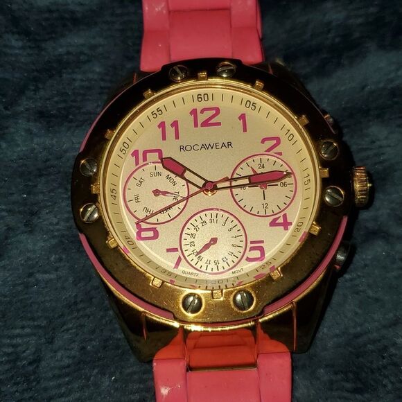Rocawear Women's RL0129‎ Large Pink & Gold 3 Multifunction Enamel Bezel Watch - Picture 8 of 10